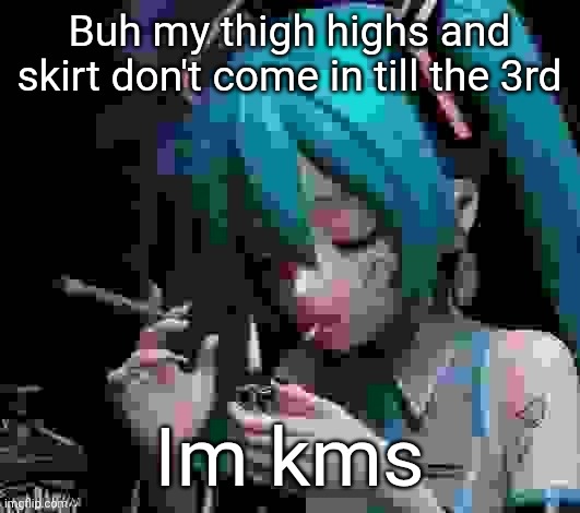 Miku smoking low quality | Buh my thigh highs and skirt don't come in till the 3rd; Im kms | image tagged in miku smoking low quality | made w/ Imgflip meme maker