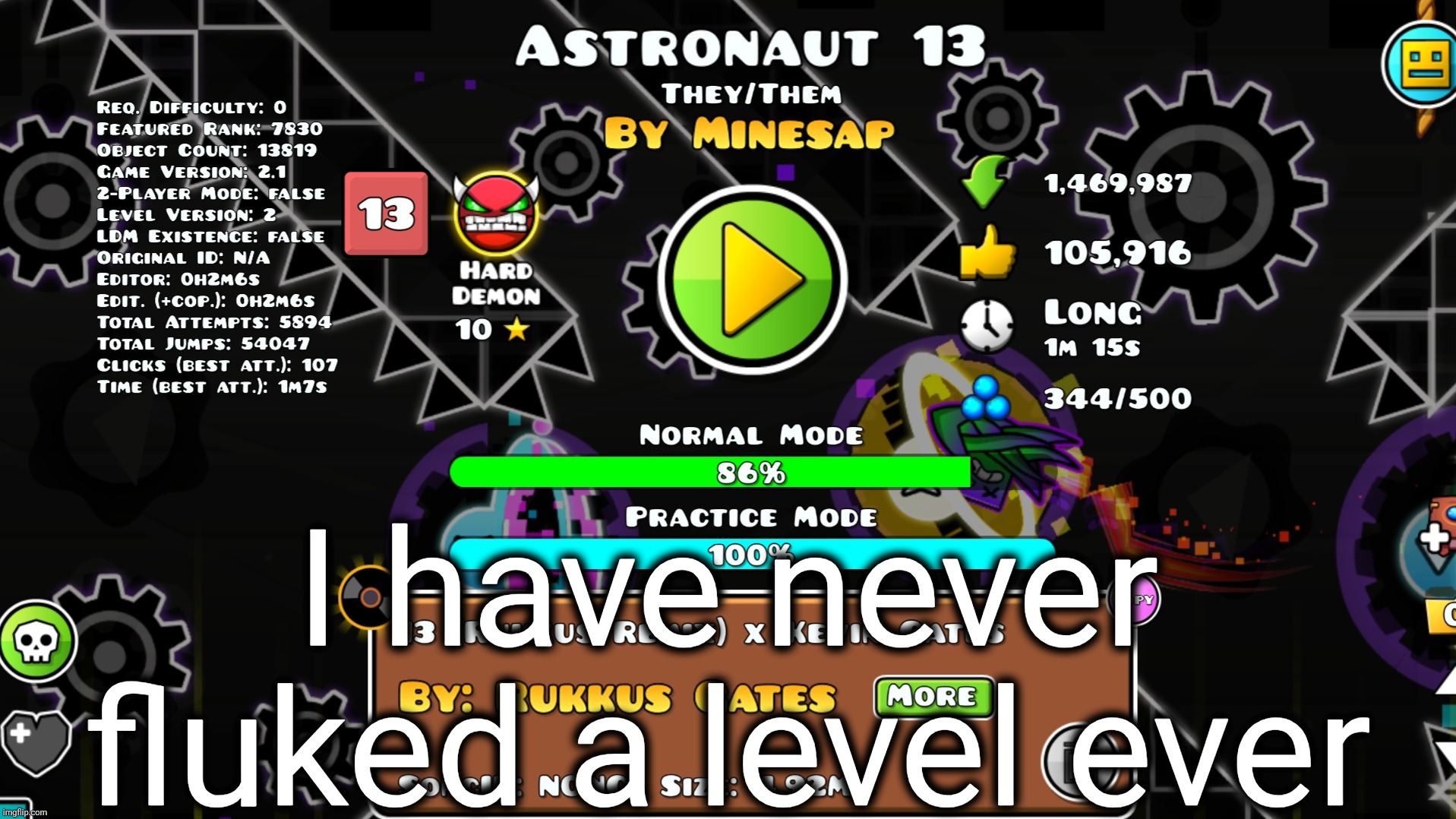 the hard parts of the level end after 73% | I have never fluked a level ever | made w/ Imgflip meme maker