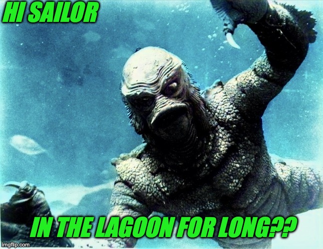 Hi Sailor | HI SAILOR; IN THE LAGOON FOR LONG?? | image tagged in creature from black lagoon | made w/ Imgflip meme maker