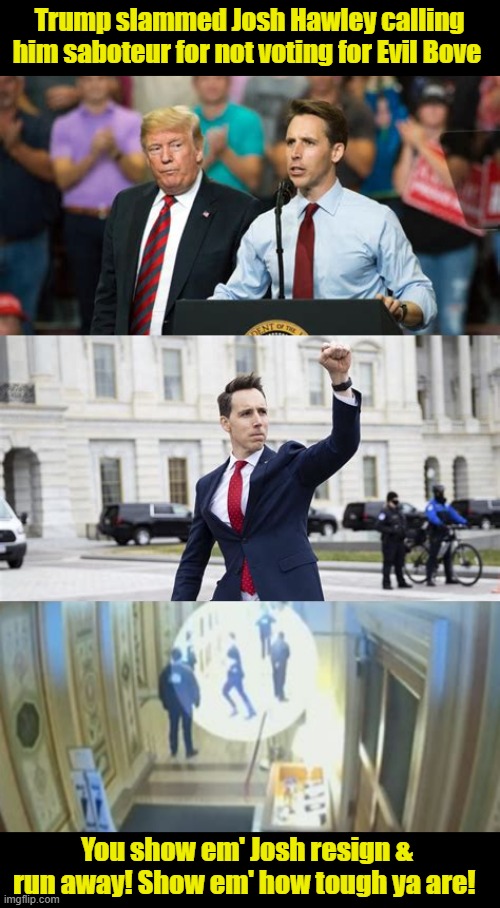 Run Josh run | Trump slammed Josh Hawley calling him saboteur for not voting for Evil Bove; You show em' Josh resign & run away! Show em' how tough ya are! | image tagged in run josh run,emil bove,trump trashes hawley,jan 6th fist pump,ran like he has bone spurs,trump's idle threats | made w/ Imgflip meme maker