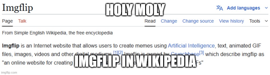 imgflip in wikipedia | HOLY MOLY; IMGFLIP IN WIKIPEDIA | image tagged in wikipedia | made w/ Imgflip meme maker