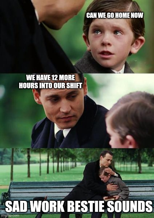 Finding Neverland | CAN WE GO HOME NOW; WE HAVE 12 MORE HOURS INTO OUR SHIFT; SAD WORK BESTIE SOUNDS | image tagged in memes,finding neverland,shapeshifting lizard,work,best friends | made w/ Imgflip meme maker