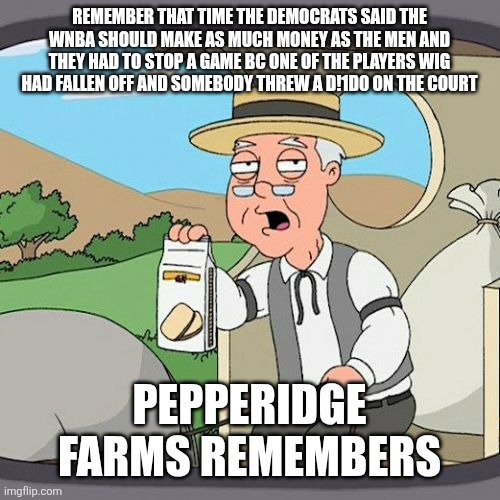 Pepperidge Farm Remembers | REMEMBER THAT TIME THE DEMOCRATS SAID THE WNBA SHOULD MAKE AS MUCH MONEY AS THE MEN AND THEY HAD TO STOP A GAME BC ONE OF THE PLAYERS WIG HAD FALLEN OFF AND SOMEBODY THREW A D!1D0 ON THE COURT; PEPPERIDGE FARMS REMEMBERS | image tagged in memes,pepperidge farm remembers | made w/ Imgflip meme maker