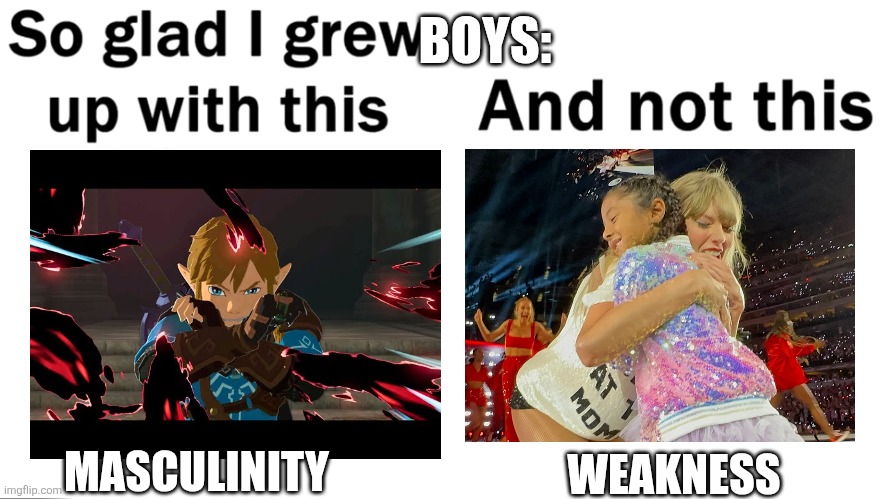 You had to be there | BOYS:; WEAKNESS; MASCULINITY | image tagged in so glad i grew up with this,memes,funny memes,the legend of zelda,fun,taylor swift | made w/ Imgflip meme maker