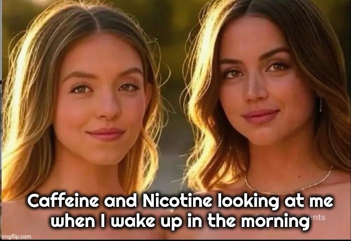 Breakfast first | Caffeine and Nicotine looking at me
when I wake up in the morning | image tagged in addiction,i'm good,want not a need,coffee,coca cola,dr pepper | made w/ Imgflip meme maker
