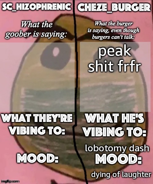 SC and Cheze shared template | peak shit frfr; lobotomy dash; dying of laughter | image tagged in sc and cheze shared template | made w/ Imgflip meme maker