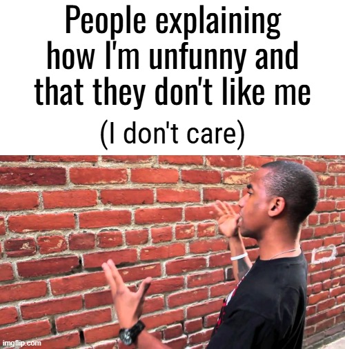Talking to wall | People explaining how I'm unfunny and that they don't like me; (I don't care) | image tagged in talking to wall | made w/ Imgflip meme maker
