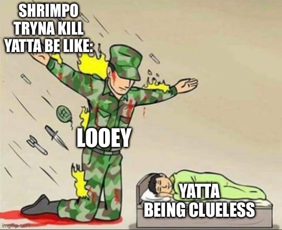 Looey shall always protect his friend :3 | SHRIMPO TRYNA KILL YATTA BE LIKE:; LOOEY; YATTA BEING CLUELESS | image tagged in soldier protecting sleeping child | made w/ Imgflip meme maker