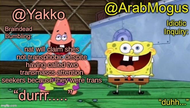 Yakko and ArabMogus’s shared temp | nat will claim shes not transphobic despite having called two transmascs attention seekers because they were trans | image tagged in yakko and arabmogus s shared temp | made w/ Imgflip meme maker