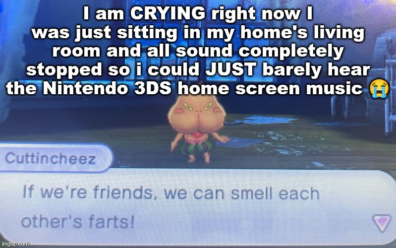 not sure how to feel about this | I am CRYING right now I was just sitting in my home's living room and all sound completely stopped so i could JUST barely hear the Nintendo 3DS home screen music 😭 | image tagged in not sure how to feel about this | made w/ Imgflip meme maker