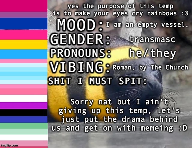 bro what is even my mood rn ong | I am an empty vessel. transmasc; he/they; Roman, by The Church; Sorry nat but I ain't giving up this temp, let's just put the drama behind us and get on with memeing :D | image tagged in sc's rainbow-tear temp 3 | made w/ Imgflip meme maker