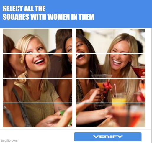 A liberal captcha nightmare | SELECT ALL THE SQUARES WITH WOMEN IN THEM | image tagged in woman laughing | made w/ Imgflip meme maker