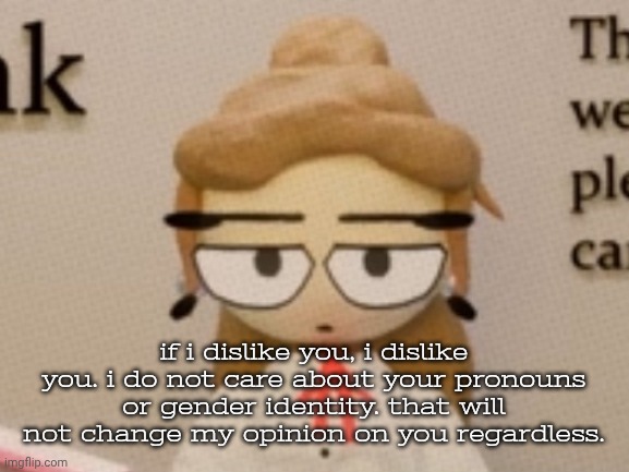 judgement. | if i dislike you, i dislike you. i do not care about your pronouns or gender identity. that will not change my opinion on you regardless. | image tagged in judgement | made w/ Imgflip meme maker