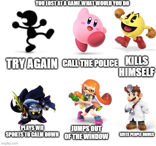 What will they do | YOU LOST AT A GAME.WHAT WOULD YOU DO; CALL THE POLICE; KILLS HIMSELF; TRY AGAIN; PLAYS WII SPORTS TO CALM DOWN; JUMPS OUT OF THE WINDOW; GIVES PEOPLE DRUGS | image tagged in blank white template,choices | made w/ Imgflip meme maker