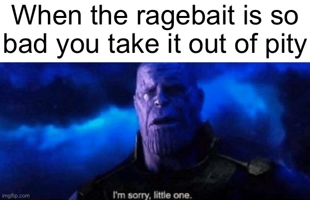 Im sorry little one | When the ragebait is so
bad you take it out of pity | image tagged in im sorry little one | made w/ Imgflip meme maker