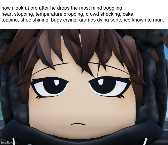 I made a meme of my Roblox avatar | how i look at bro after he drops the most mind boggling, heart stopping, temperature dropping, crowd shocking, cake topping, shoe shining, baby crying, gramps dying sentence known to man: | image tagged in roblox,memes,funny | made w/ Imgflip meme maker