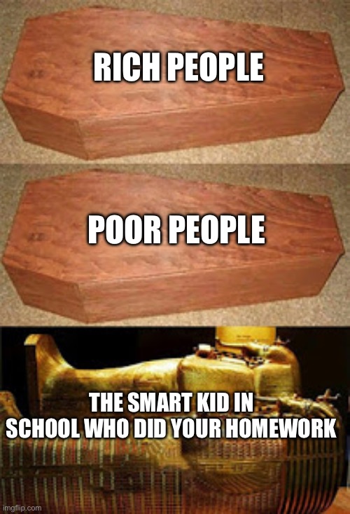 Golden coffin meme | RICH PEOPLE; POOR PEOPLE; THE SMART KID IN SCHOOL WHO DID YOUR HOMEWORK | image tagged in golden coffin meme | made w/ Imgflip meme maker
