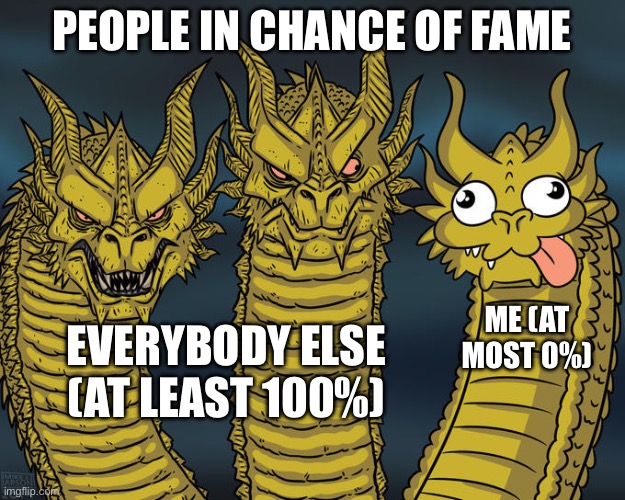 Three-headed Dragon | PEOPLE IN CHANCE OF FAME; ME (AT MOST 0%); EVERYBODY ELSE (AT LEAST 100%) | image tagged in three-headed dragon | made w/ Imgflip meme maker