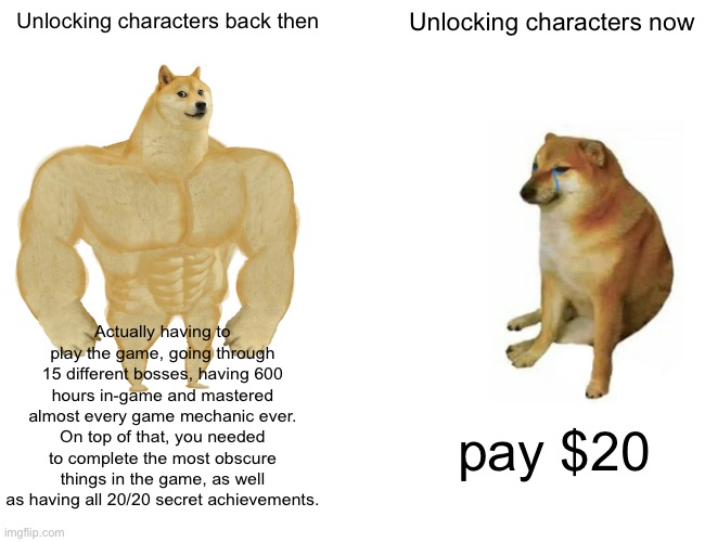 Unlocking characters | Unlocking characters back then; Unlocking characters now; Actually having to play the game, going through 15 different bosses, having 600 hours in-game and mastered almost every game mechanic ever.
On top of that, you needed to complete the most obscure things in the game, as well as having all 20/20 secret achievements. pay $20 | image tagged in memes,buff doge vs cheems | made w/ Imgflip meme maker