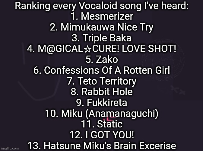by "Vocaloid Song" I mean any song with Hatsune Miku, Kasane Teto, or the yellow one | Ranking every Vocaloid song I've heard:
1. Mesmerizer
2. Mimukauwa Nice Try
3. Triple Baka
4. M@GICAL☆CURE! LOVE SHOT!
5. Zako
6. Confessions Of A Rotten Girl
7. Teto Territory
8. Rabbit Hole
9. Fukkireta
10. Miku (Anamanaguchi)
11. Static
12. I GOT YOU!
13. Hatsune Miku's Brain Excerise | image tagged in vik's image | made w/ Imgflip meme maker