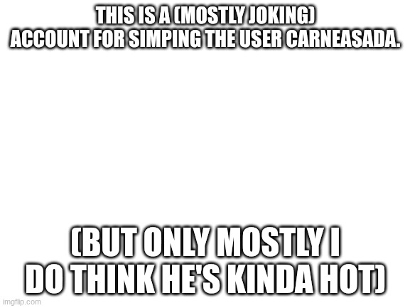 daddy Carne? | THIS IS A (MOSTLY JOKING) ACCOUNT FOR SIMPING THE USER CARNEASADA. (BUT ONLY MOSTLY I DO THINK HE'S KINDA HOT) | image tagged in blank white template | made w/ Imgflip meme maker