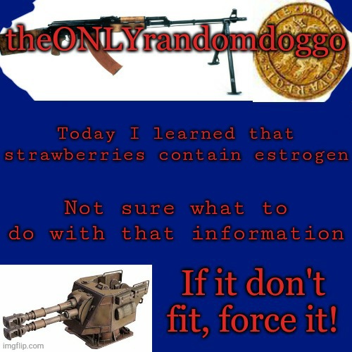 Randomdoggo's really bad template | Today I learned that strawberries contain estrogen; Not sure what to do with that information | image tagged in randomdoggo's really bad template | made w/ Imgflip meme maker