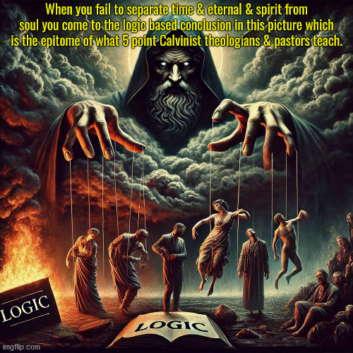 Logic Based Conclusion | When you fail to separate time & eternal & spirit from soul you come to the logic based conclusion in this picture which is the epitome of what 5 point Calvinist theologians & pastors teach. | image tagged in calvinism,arminian,molinism,reformed theology 5 point calvinists,nonsensical ai muppet,puppeteer corpse gnostic | made w/ Imgflip meme maker