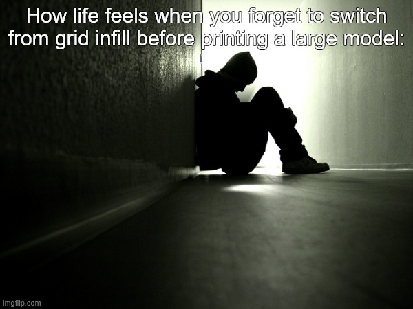 when you forget to switch infill settings | How life feels when you forget to switch from grid infill before printing a large model: | image tagged in 3d printing | made w/ Imgflip meme maker