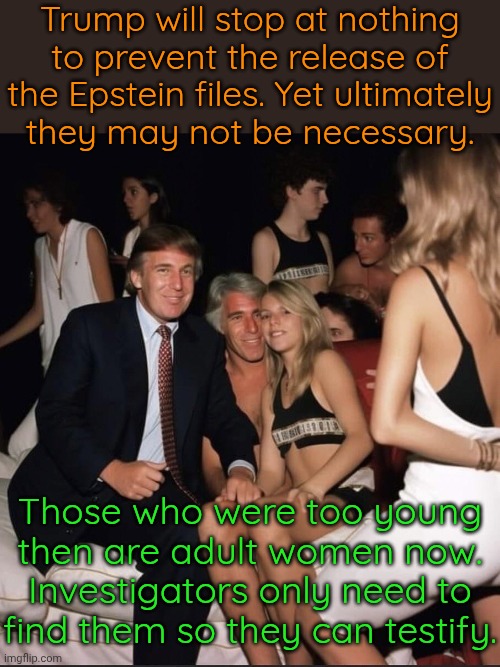 Your honor, I present you with a long list of witnesses we can call. | Trump will stop at nothing to prevent the release of the Epstein files. Yet ultimately
they may not be necessary. Those who were too young then are adult women now. Investigators only need to find them so they can testify. | image tagged in trump epstein party girls,listen,believewomen,voices,child molester,pedophilia | made w/ Imgflip meme maker