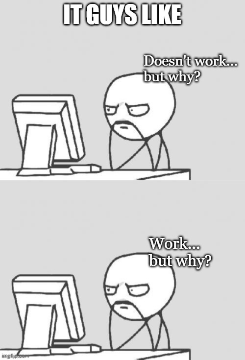 work doesnt wok | IT GUYS LIKE; Doesn't work... 
but why? Work... 
but why? | image tagged in memes,computer guy | made w/ Imgflip meme maker