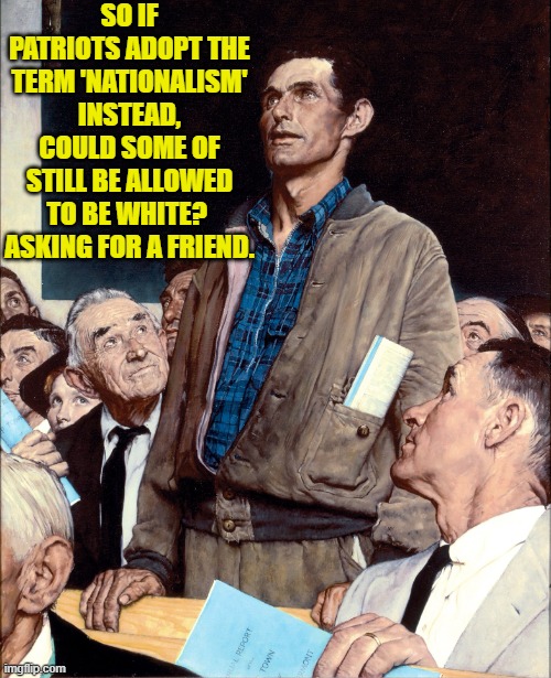 Strictly a philosophical question.  Well, leftists? | SO IF PATRIOTS ADOPT THE TERM 'NATIONALISM' INSTEAD, COULD SOME OF STILL BE ALLOWED TO BE WHITE?  ASKING FOR A FRIEND. | image tagged in man taking a stand in a town hall meeting | made w/ Imgflip meme maker