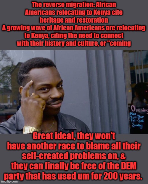 GREAT IDEAL | The reverse migration: African Americans relocating to Kenya cite heritage and restoration
A growing wave of African Americans are relocating to Kenya, citing the need to connect with their history and culture, or "coming; Great ideal, they won't have another race to blame all their self-created problems on, & they can finally be free of the DEM party that has used um for 200 years. | image tagged in memes,roll safe think about it | made w/ Imgflip meme maker