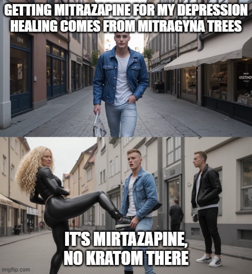 When you realize it's Mirtazapine, not "Mitrazapine" | GETTING MITRAZAPINE FOR MY DEPRESSION
HEALING COMES FROM MITRAGYNA TREES; IT'S MIRTAZAPINE, NO KRATOM THERE | image tagged in happy hiker to sudden stopper,kick in the balls,kratom,depression | made w/ Imgflip meme maker