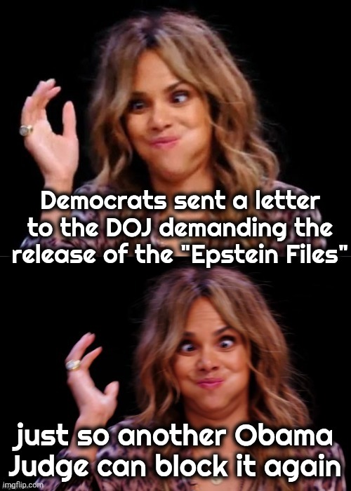 It's Political Ping-Pong | Democrats sent a letter to the DOJ demanding the release of the "Epstein Files"; just so another Obama Judge can block it again | image tagged in lovely halle berry,politicians suck,i've played these games before,ball in your court,well yes but actually no | made w/ Imgflip meme maker
