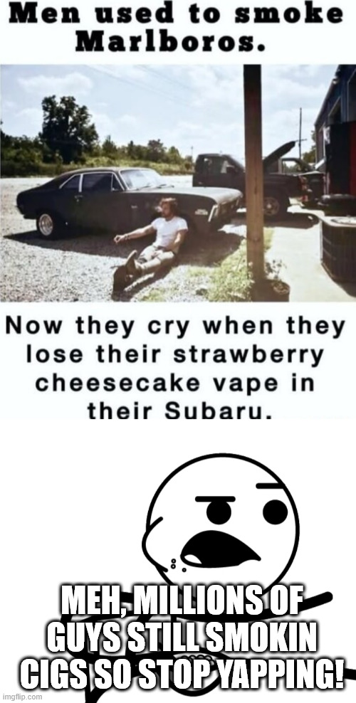 Nostalgia crybabies | MEH, MILLIONS OF GUYS STILL SMOKIN CIGS SO STOP YAPPING! | image tagged in funny,random,memes,cars,latticeclimbing,instagram | made w/ Imgflip meme maker