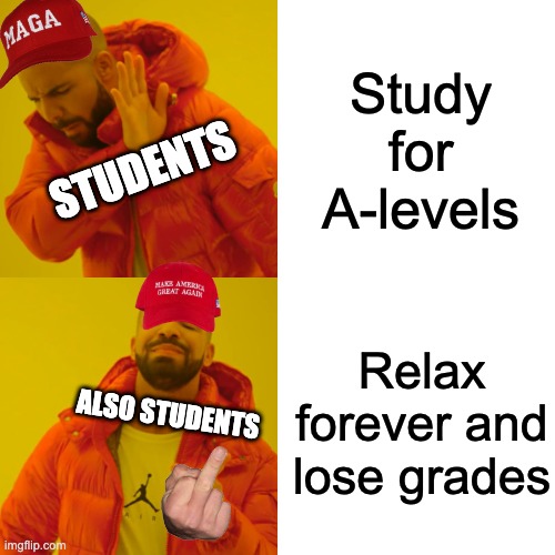 True sh*t | Study for A-levels; STUDENTS; Relax forever and lose grades; ALSO STUDENTS | image tagged in memes,drake hotline bling | made w/ Imgflip meme maker