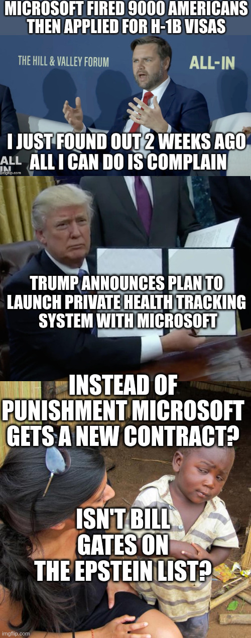 This is MAGA? Ignore Pedophilia, Reward Criminal with $$ for more Surveillance of US | TRUMP ANNOUNCES PLAN TO 
LAUNCH PRIVATE HEALTH TRACKING 
SYSTEM WITH MICROSOFT; INSTEAD OF PUNISHMENT MICROSOFT GETS A NEW CONTRACT? ISN'T BILL GATES ON THE EPSTEIN LIST? | image tagged in memes,trump bill signing,3rd world sceptical child | made w/ Imgflip meme maker