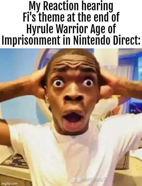 Fi will come back in the new Hyrule Warrior confirmed!? | My Reaction hearing Fi's theme at the end of Hyrule Warrior Age of Imprisonment in Nintendo Direct: | image tagged in shocked black guy,nintendo direct,the legend of zelda | made w/ Imgflip meme maker