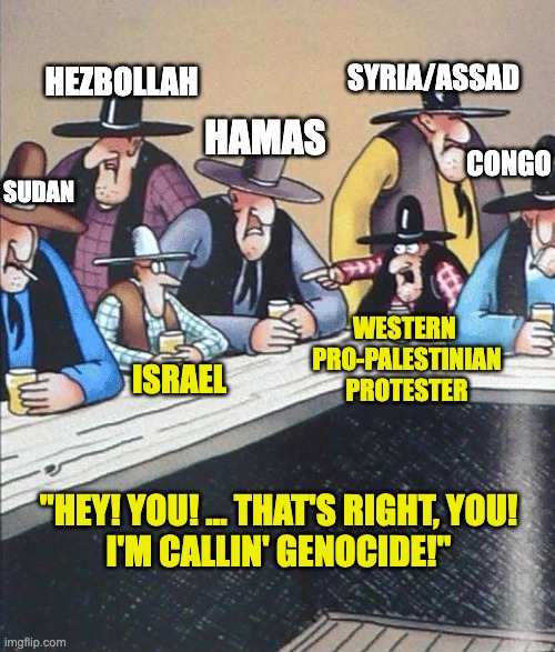 Pro-Palestinian Hyprocracy | SYRIA/ASSAD; HEZBOLLAH; HAMAS; CONGO; SUDAN; WESTERN 
PRO-PALESTINIAN
PROTESTER; ISRAEL; "HEY! YOU! ... THAT'S RIGHT, YOU!
I'M CALLIN' GENOCIDE!" | made w/ Imgflip meme maker