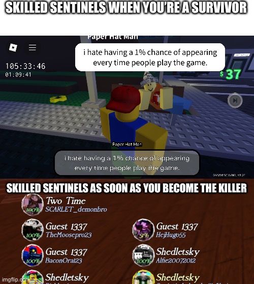 This has happened to all of you at least once | SKILLED SENTINELS WHEN YOU’RE A SURVIVOR; SKILLED SENTINELS AS SOON AS YOU BECOME THE KILLER | image tagged in forsaken | made w/ Imgflip meme maker