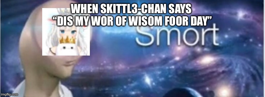 Skittl3-chan on scratch is not great at spelling | WHEN SKITTL3-CHAN SAYS 
“DIS MY WOR OF WISOM FOOR DAY” | image tagged in meme man smort,scratch,dumb | made w/ Imgflip meme maker