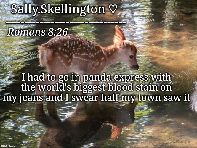 Sally's temp | I had to go in panda express with the world's biggest blood stain on my jeans and I swear half my town saw it | image tagged in sally's temp | made w/ Imgflip meme maker