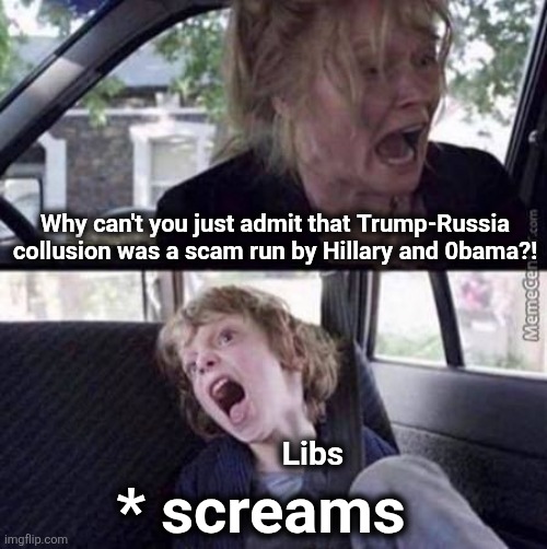 Why can't you just admit it was a scam?! | Why can't you just admit that Trump-Russia collusion was a scam run by Hillary and 0bama?! Libs; * screams | image tagged in why can't you just be normal blank,memes,trump russia collusion,democrats,psychotic,scam | made w/ Imgflip meme maker