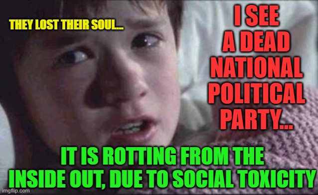 I See Dead People | I SEE A DEAD NATIONAL POLITICAL PARTY... THEY LOST THEIR SOUL... IT IS ROTTING FROM THE INSIDE OUT, DUE TO SOCIAL TOXICITY | image tagged in memes,i see dead people | made w/ Imgflip meme maker