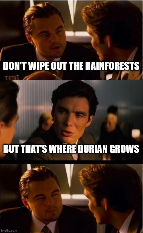 Inception | DON'T WIPE OUT THE RAINFORESTS; BUT THAT'S WHERE DURIAN GROWS | image tagged in memes,inception | made w/ Imgflip meme maker