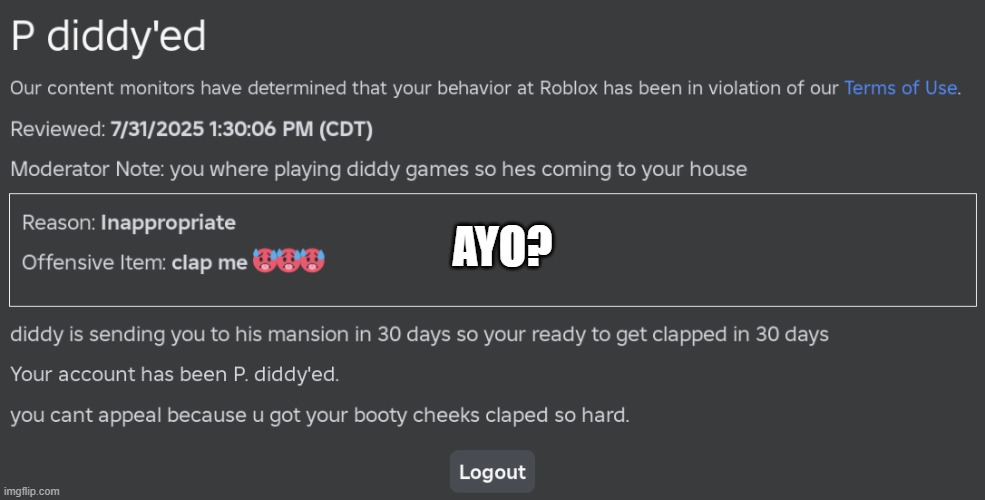 p diddy moment | AYO? | image tagged in p diddy,diddy,roblox,ban,very human,no nsfw | made w/ Imgflip meme maker
