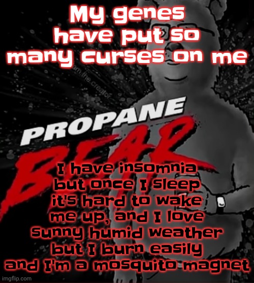 Propane bear | I have insomnia but once I sleep it's hard to wake me up, and I love sunny humid weather but I burn easily and I'm a mosquito magnet; My genes have put so many curses on me | image tagged in propane bear | made w/ Imgflip meme maker