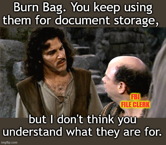 Good thing someone did not understand what they were for | Burn Bag. You keep using them for document storage, FBI FILE CLERK; but I don't think you understand what they are for. | image tagged in inigo montoya i do not think that word means what you think it m | made w/ Imgflip meme maker