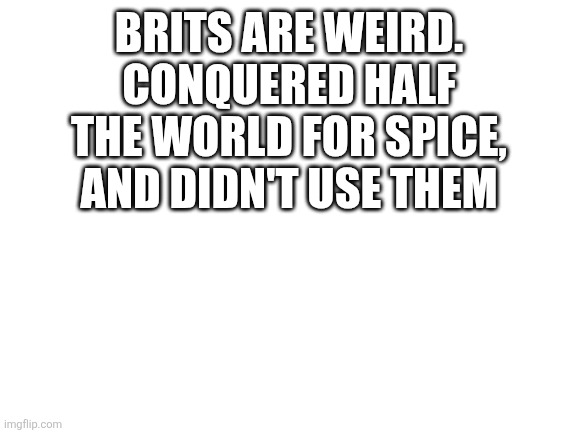 Blank White Template | BRITS ARE WEIRD. CONQUERED HALF THE WORLD FOR SPICE, AND DIDN'T USE THEM | image tagged in blank white template | made w/ Imgflip meme maker