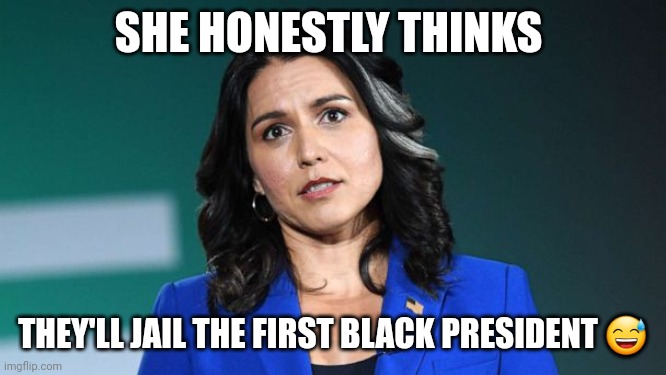 Can't release files on a dead Epstein,  but they going to get obama? | SHE HONESTLY THINKS; THEY'LL JAIL THE FIRST BLACK PRESIDENT 😅 | image tagged in tulsi tried to warn us | made w/ Imgflip meme maker